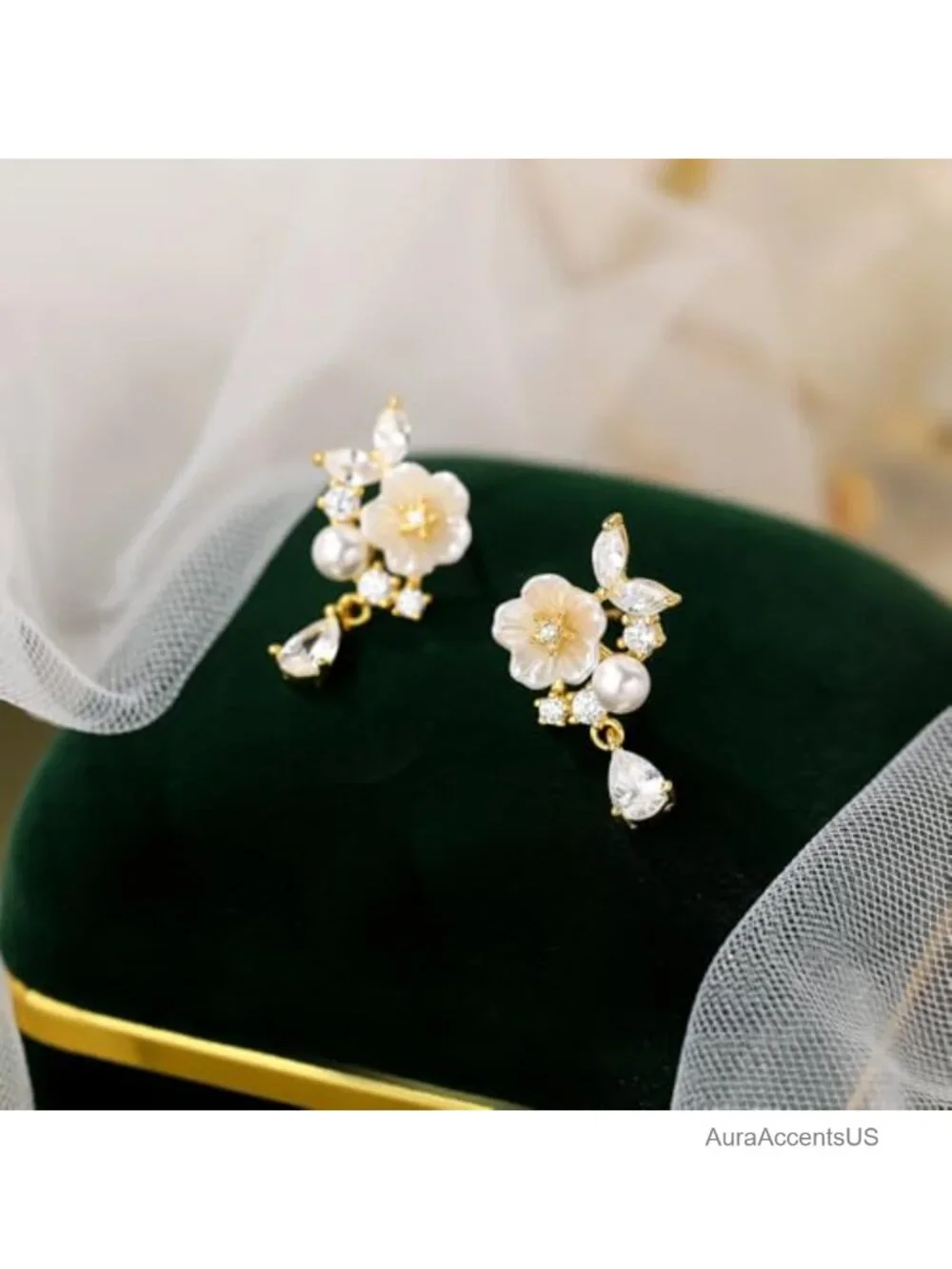 Gold Tone Flower Pearl Drop Earrings Sparkly CZ Dangle Wedding Jewelry